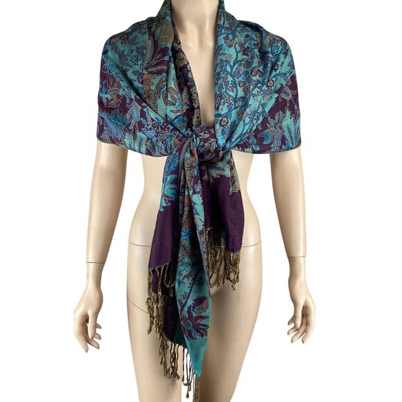 Floral Paisley Cashmere Shawl Scarf‎ Wrap W/ Fringe Turquoise & Purple - Picture 1 of 6
